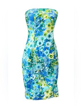 Y2k 90’s Zinc Cotton Blue Green Mod Retro Floral Strapless Pencil Dress Sz 7 Jrs